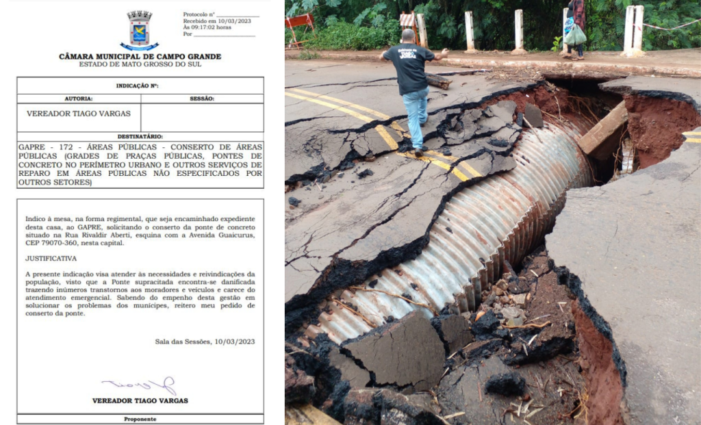Após ponte ceder na região do Alves Pereira, vereador Tiago Vargas encaminha ofício pedindo conserto urgente do local