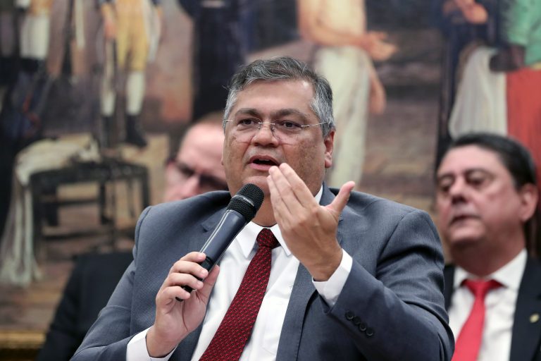 Ministro da Justiça, Flávio Dino, fala ao microfone