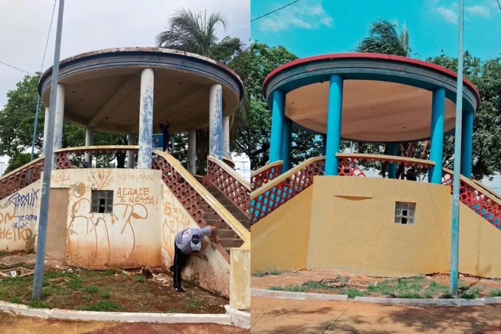 Em homenagem aos 102 anos do bairro Amambai coreto da praça ganha pintura e vereador Delei entrega moção de congratulações